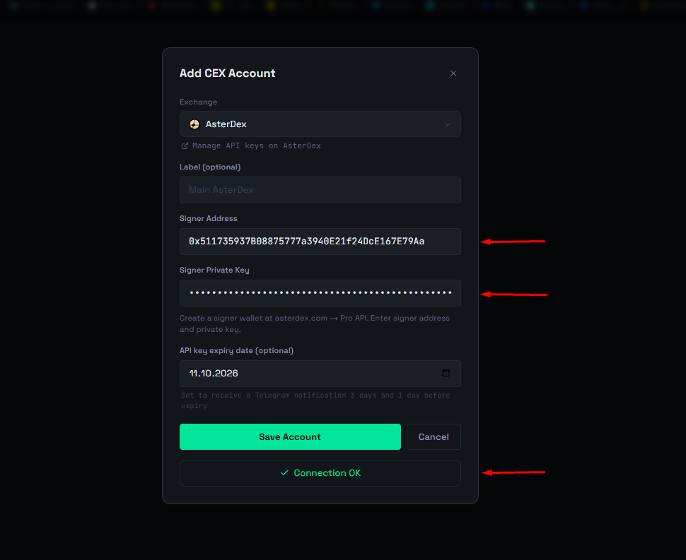 Step 5: Connect AsterDex to ArbLens