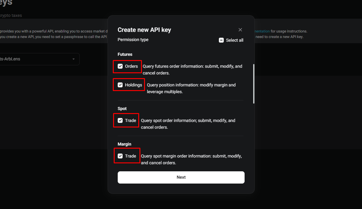 Step 4: Select Futures, Spot, and Margin Permissions