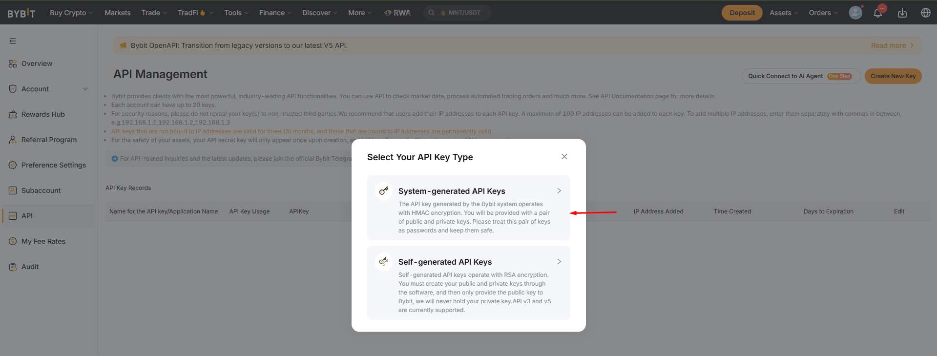 Step 2: Select API Key Type