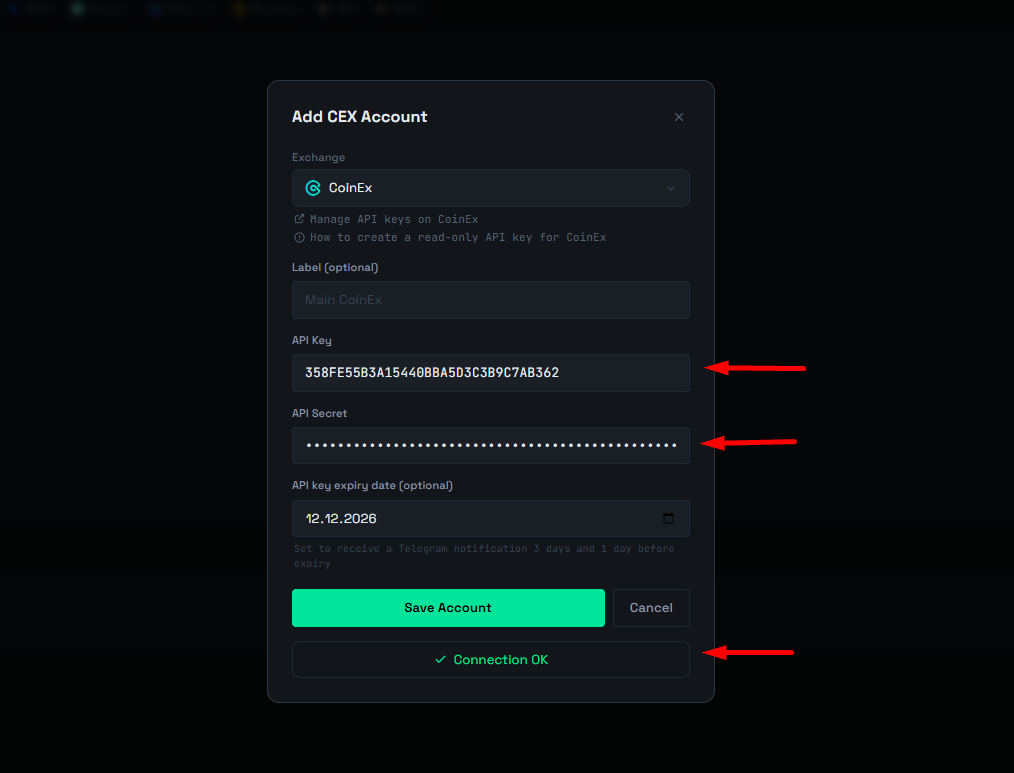 Step 5: Connect CoinEx to ArbLens